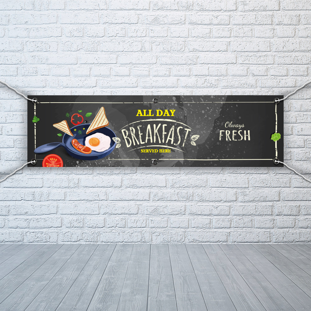 PVC Banner All Day Breakfast 1ft x 4ft Fast Food Print Outdoor Waterproof High Quality