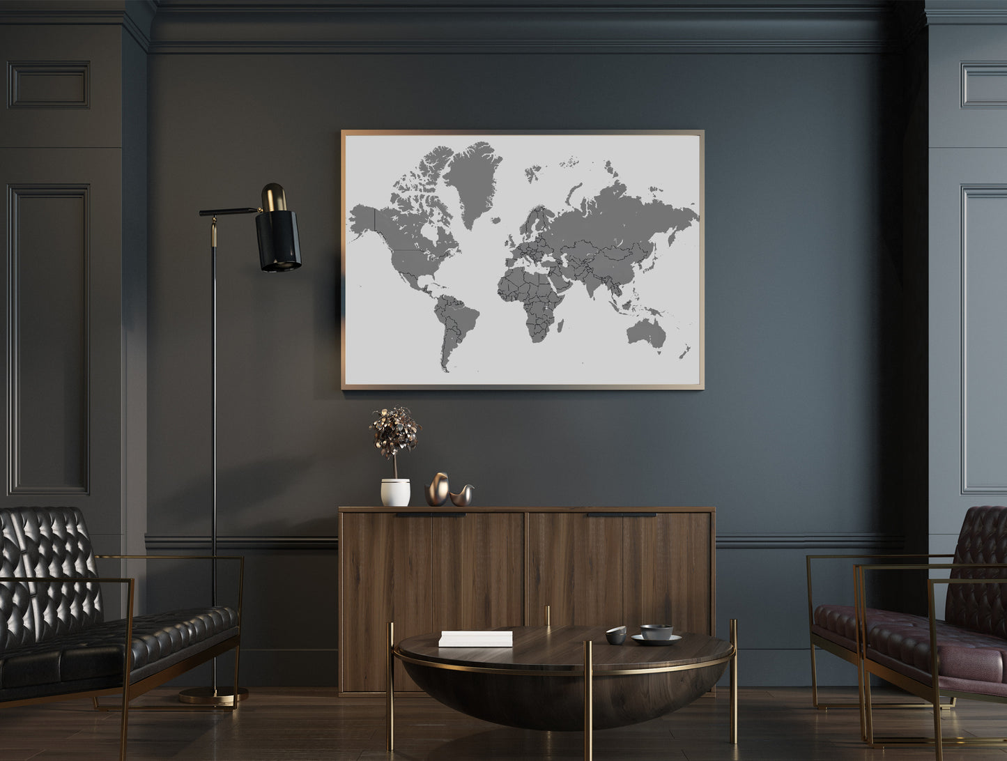 Grey World map poster print home wall art decor modern multiple styles design