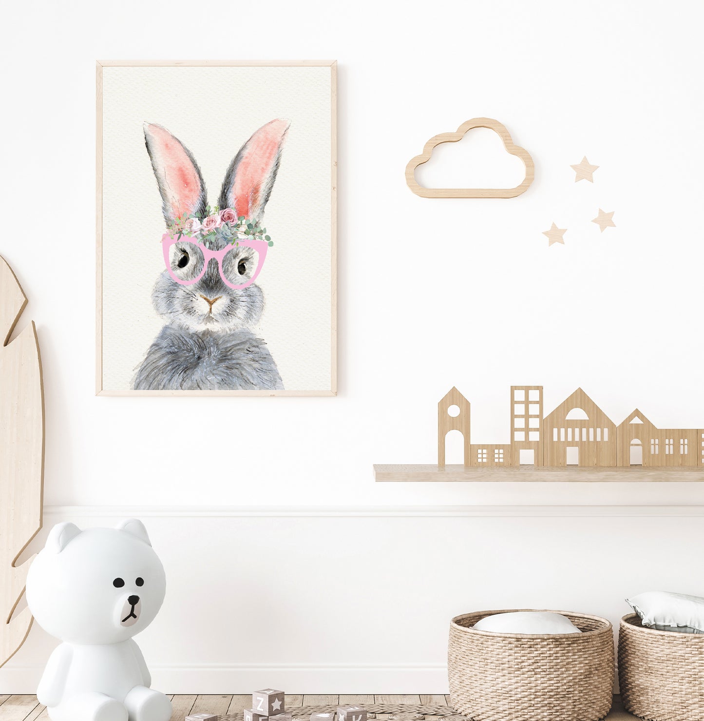 Bunny nursery poster print home wall art decor flowers kids modern design wall decoration pink glasses