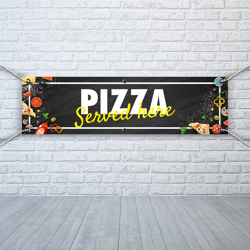 PVC Banner Pizza served here 1ft x 4ft Fast Food Print Outdoor Waterproof High Quality