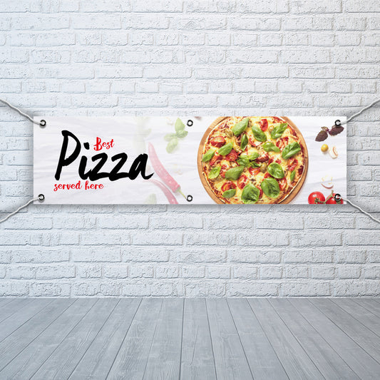 PVC Banner Pizza served here 1ft x 4ft Fast Food Print Outdoor Waterproof High Quality