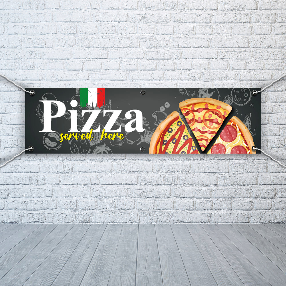 PVC Banner Pizza served here 1ft x 4ft Fast Food Print Outdoor Waterproof High Quality