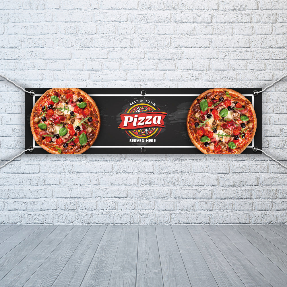 PVC Banner Pizza served here 1ft x 4ft Fast Food Print Outdoor Waterproof High Quality