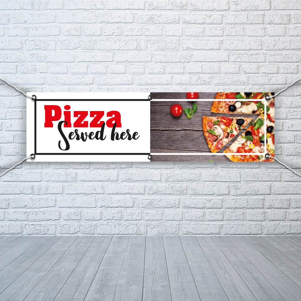 PVC Banner Pizza served here 1ft x 4ft Fast Food Print Outdoor Waterproof High Quality