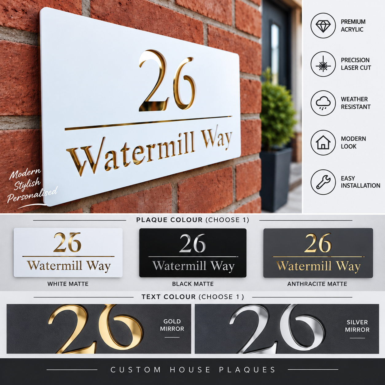 House Wall Plaque UK Modern House Number Signs Acrylic Outdoor Home Décor White Grey & Black 300mm x 160mm