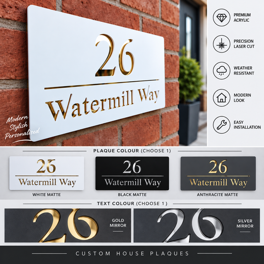 House Wall Plaque UK Modern House Number Signs Acrylic Outdoor Home Décor White Grey & Black 300mm x 160mm