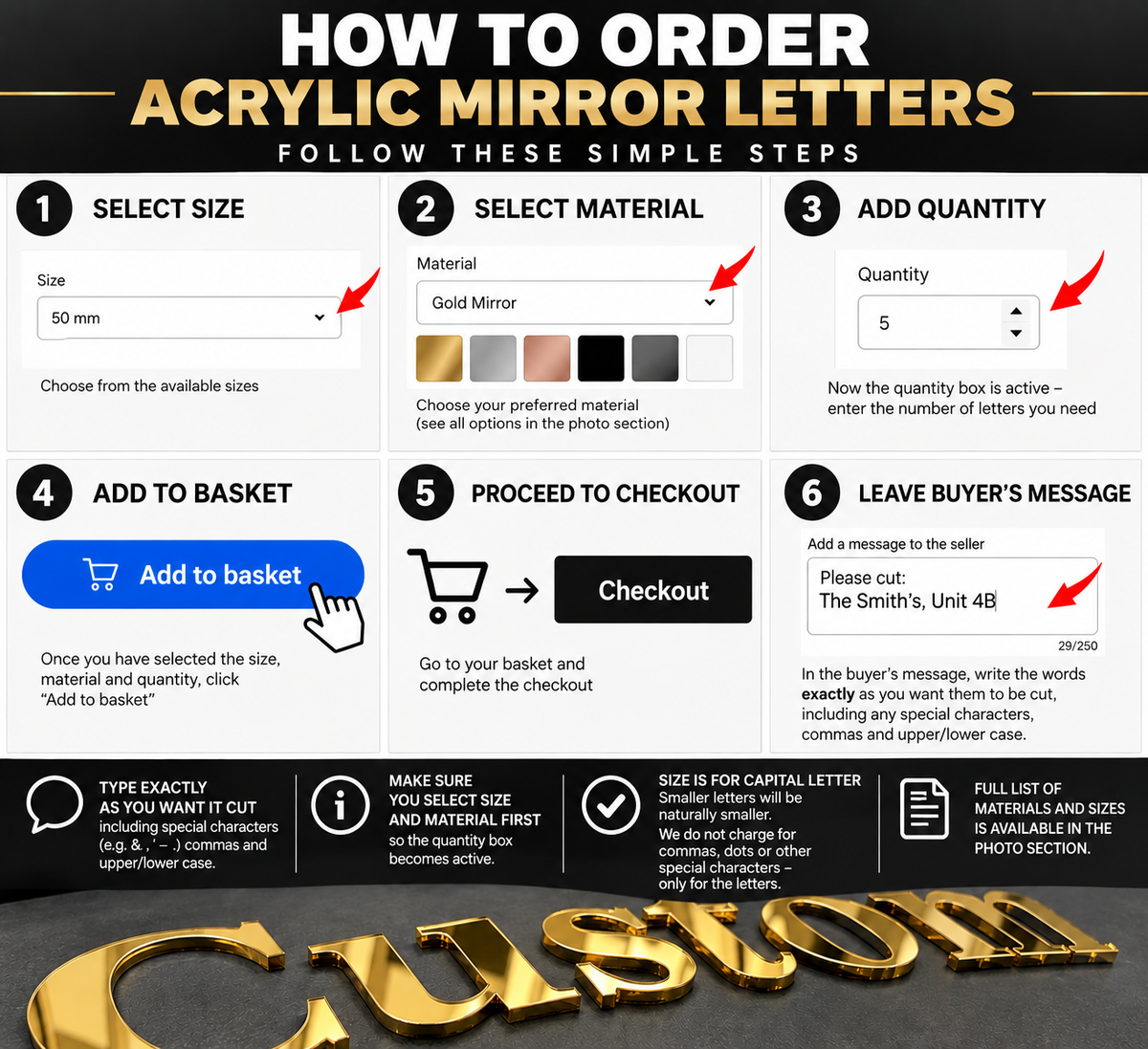 Acrylic Self-Adhesive Letters - Gold Mirror, Silver Mirror, Rose Mirror 3mm - Price per single letter