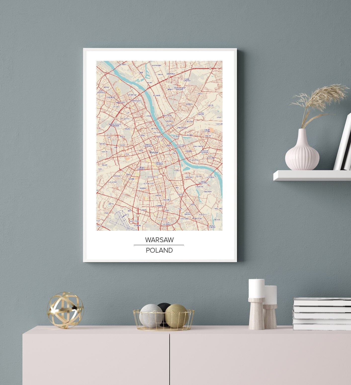 Warsaw city map poster print home wall art decor Europe colour map print