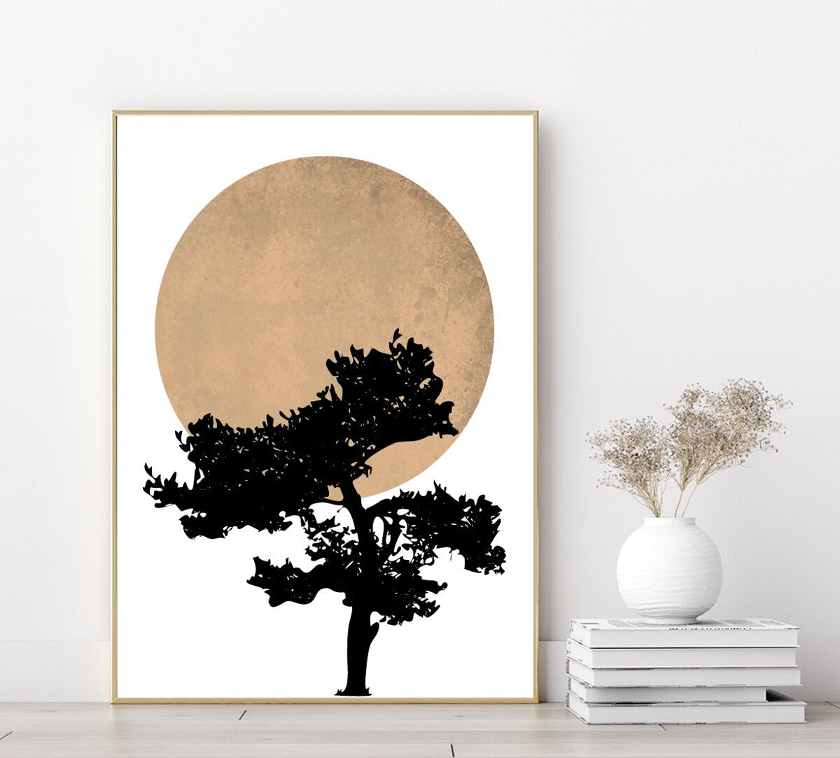 Abstract tree moon poster print home wall art decor sunset black tree modern print