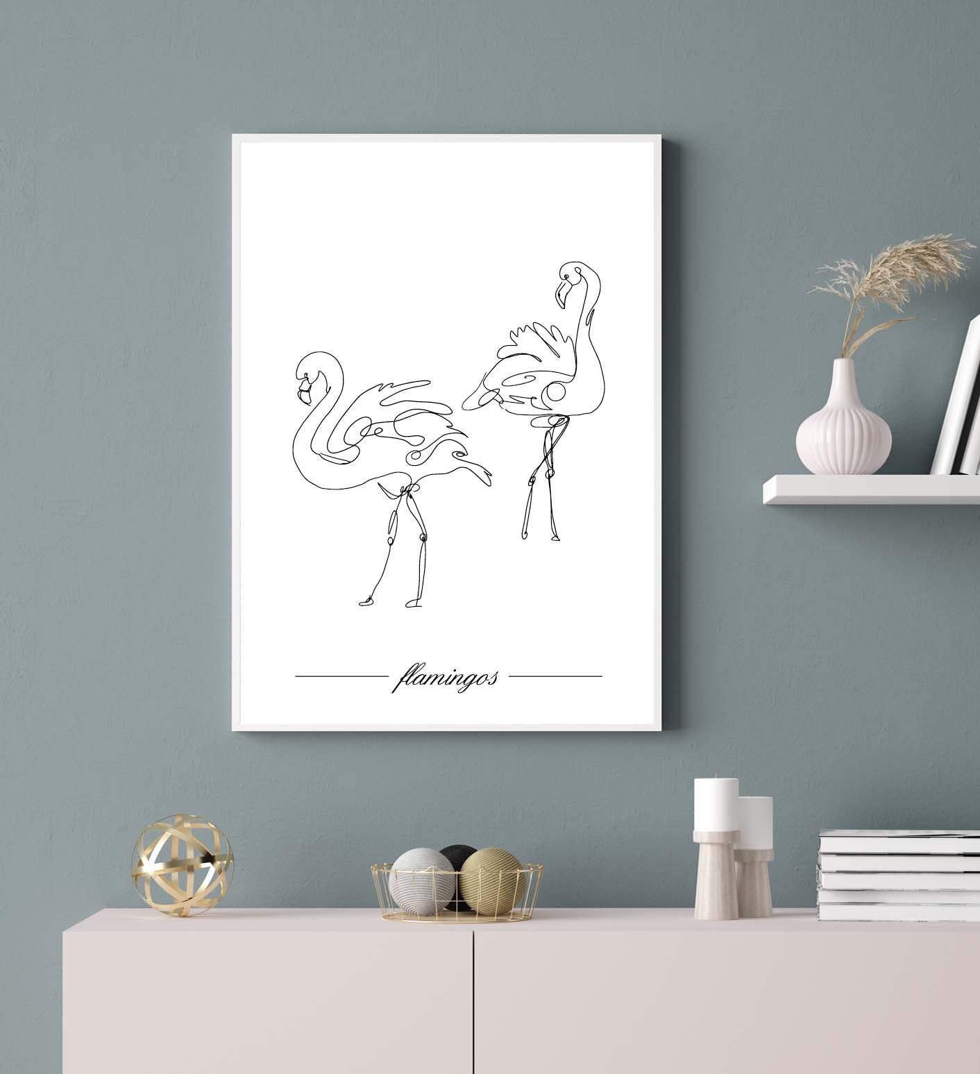 Flamingos poster print home wall art decor one line modern style design