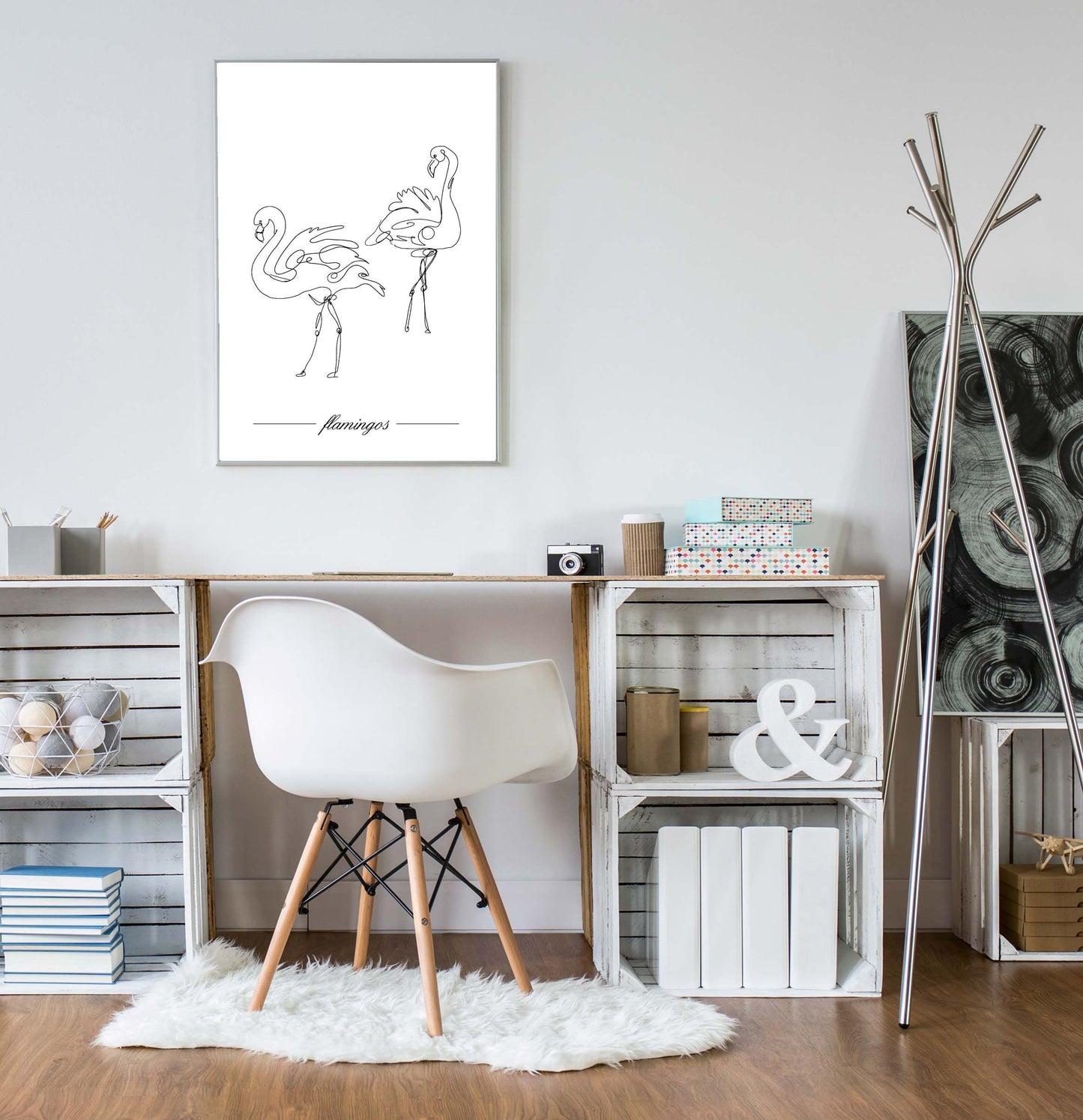 Flamingos poster print home wall art decor one line modern style design