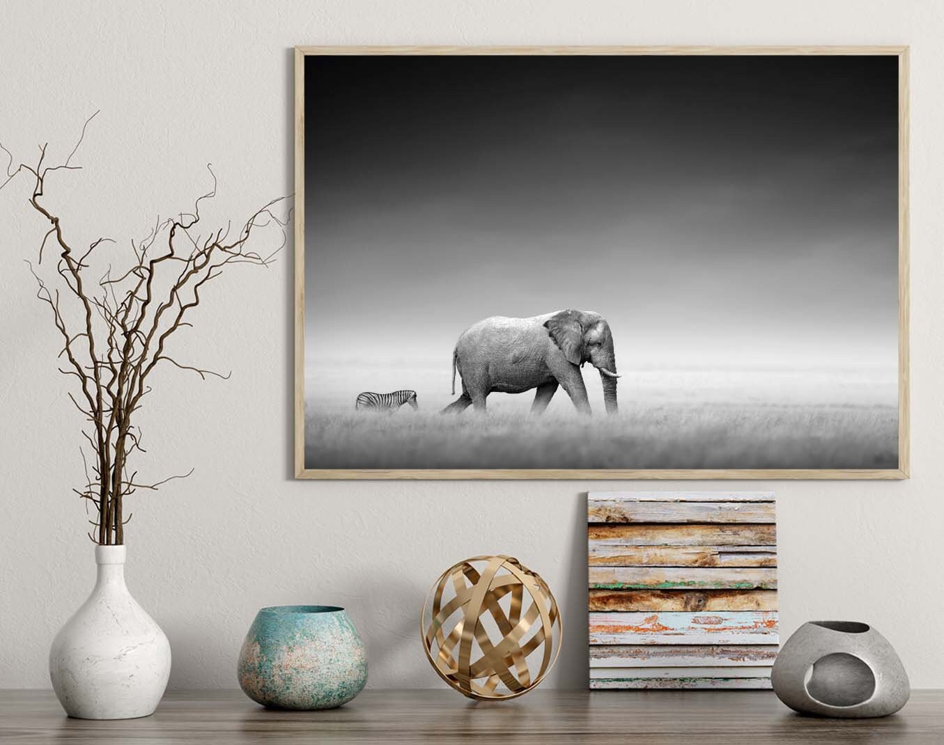 Elephant and Zebra poster print home wall art decor animal poster wild animal black and white