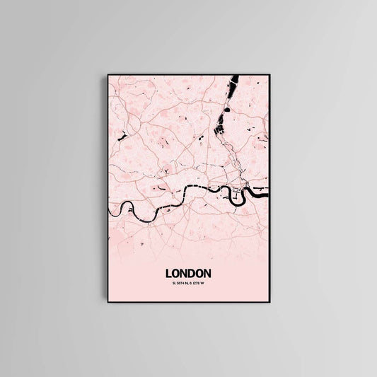 London Map Wall Art Prints Home decor City of London in Pink Grey Black and White Multicolour