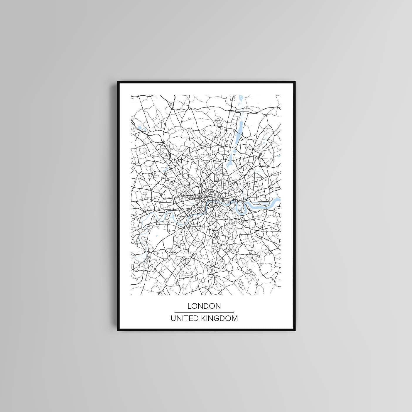 London Map Wall Art Prints Home decor City of London in Pink Grey Black and White Multicolour