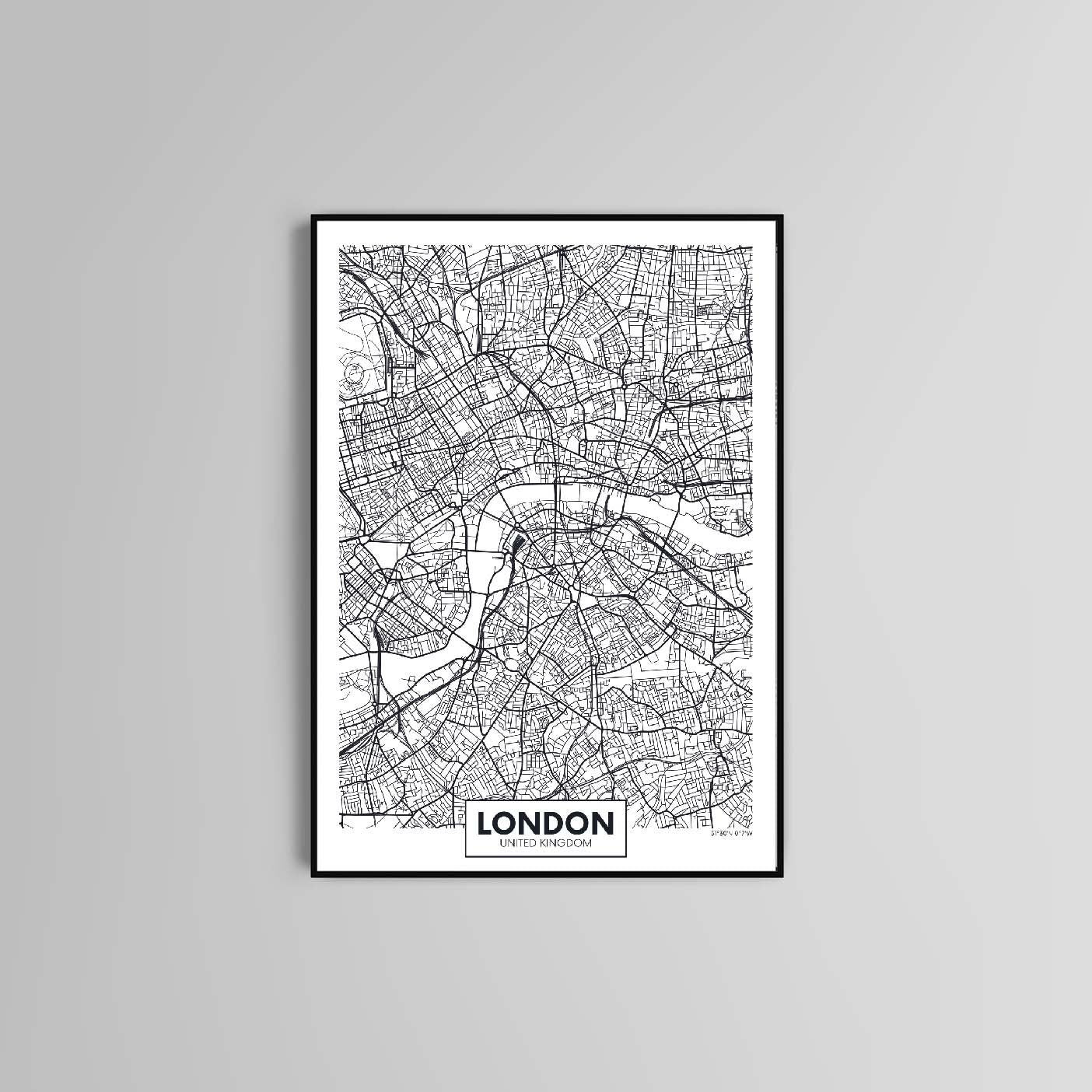 London Map Wall Art Prints Home decor City of London in Pink Grey Black and White Multicolour