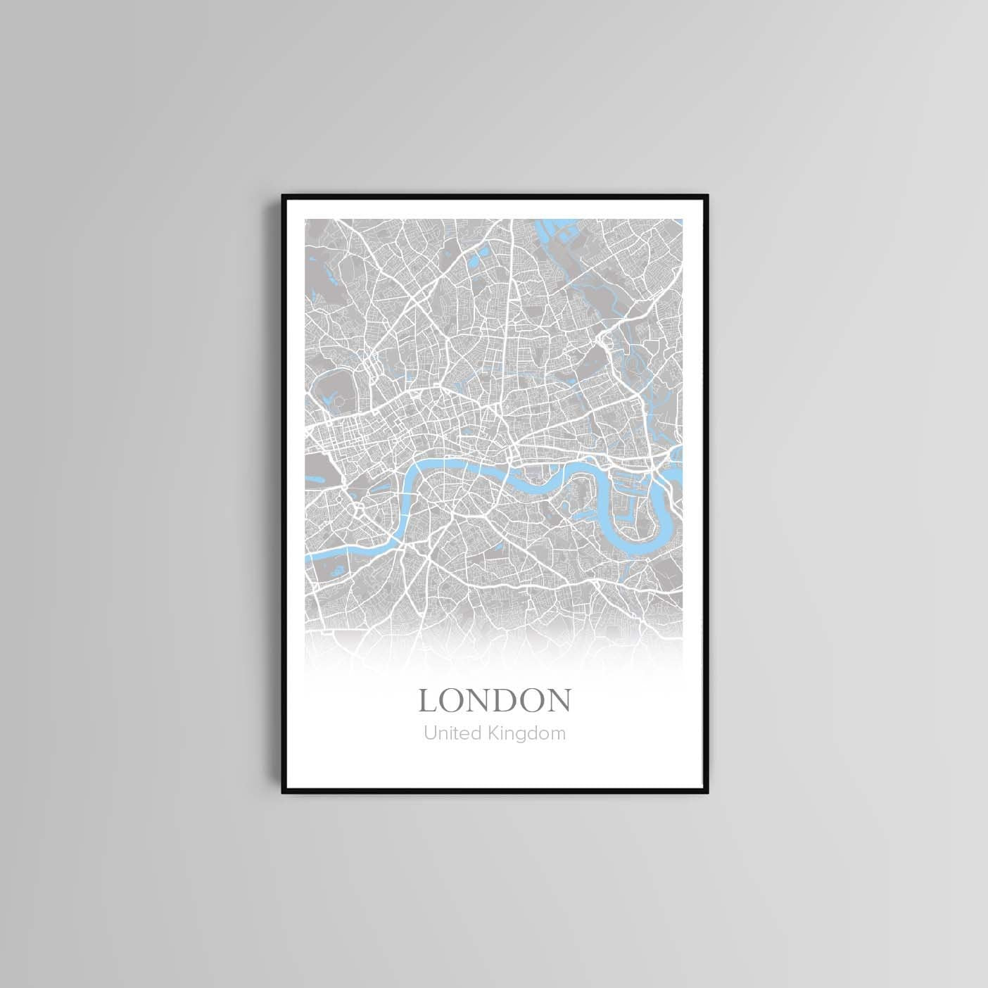 London Map Wall Art Prints Home decor City of London in Pink Grey Black and White Multicolour