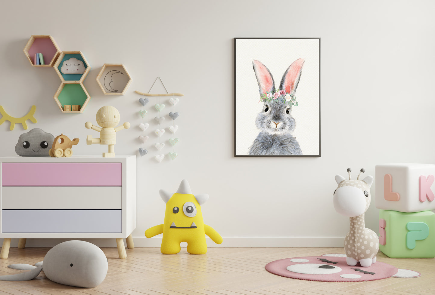 Bunny nursery poster print home wall art decor flowers kids modern design wall decoration