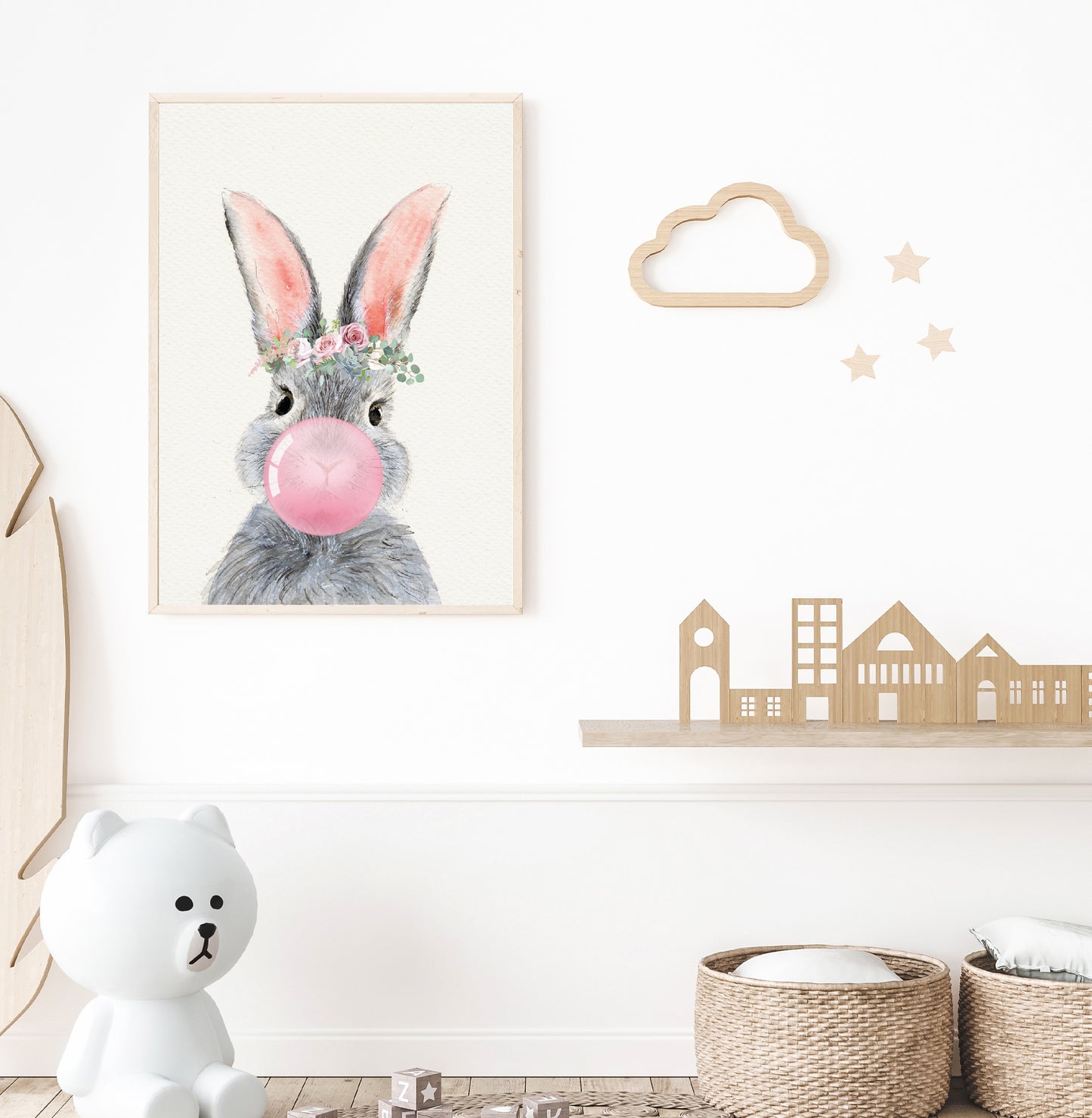 Bunny nursery poster print home wall art decor flowers kids modern design wall decoration tie bow