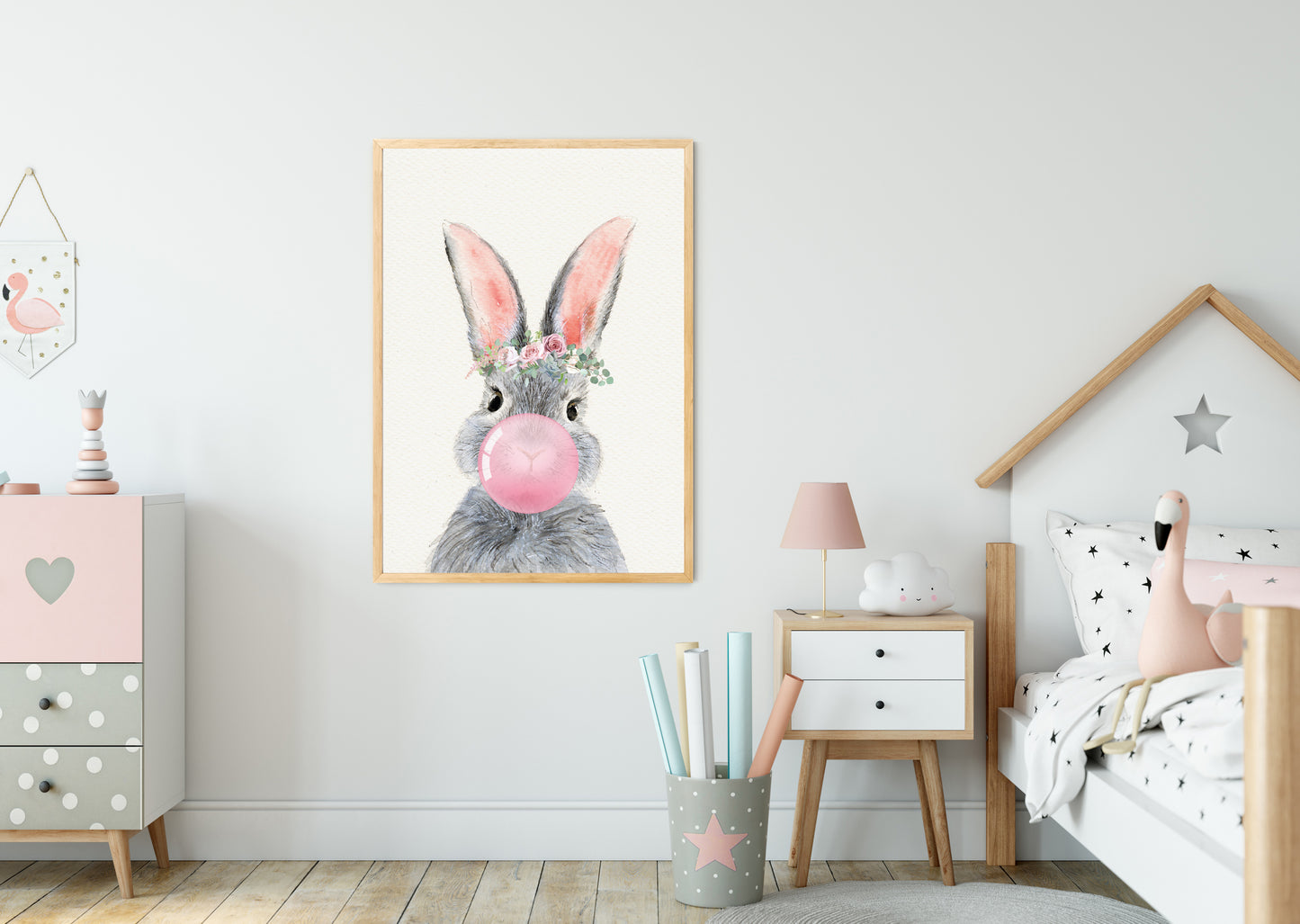 Bunny nursery poster print home wall art decor flowers kids modern design wall decoration tie bow