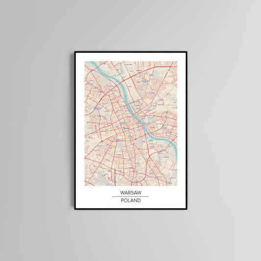 Warsaw city map poster print home wall art decor Europe colour map print